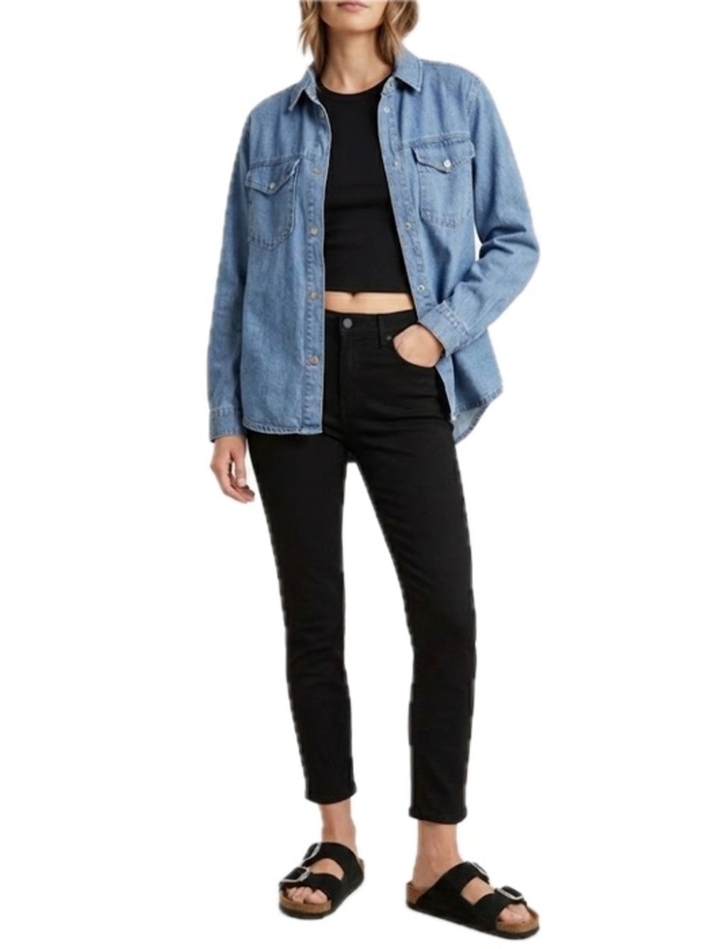 ROYALTY FOR ME Denim Shirt Medium Wash Snap Front Shacket Layer EUC